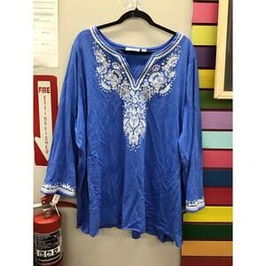 Belle Kim gravel slub knit Santorini embroidered top 3X Santorini blue new qvc